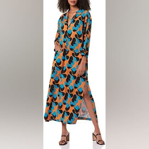 Teresa By Andrea Pitter Maxi Side Slit Orange Teal Maxi Kaftan Dress Size Medium - Picture 1 of 11